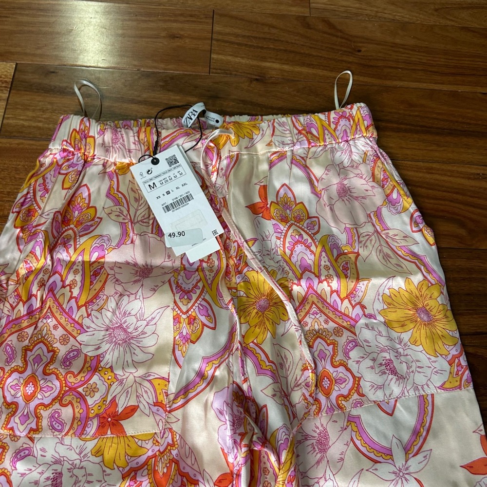 Zara The Sasha Pant Floral Paisley Tie Cuff Jogger Pants Pink Orange Yellow M - Picture 3 of 9